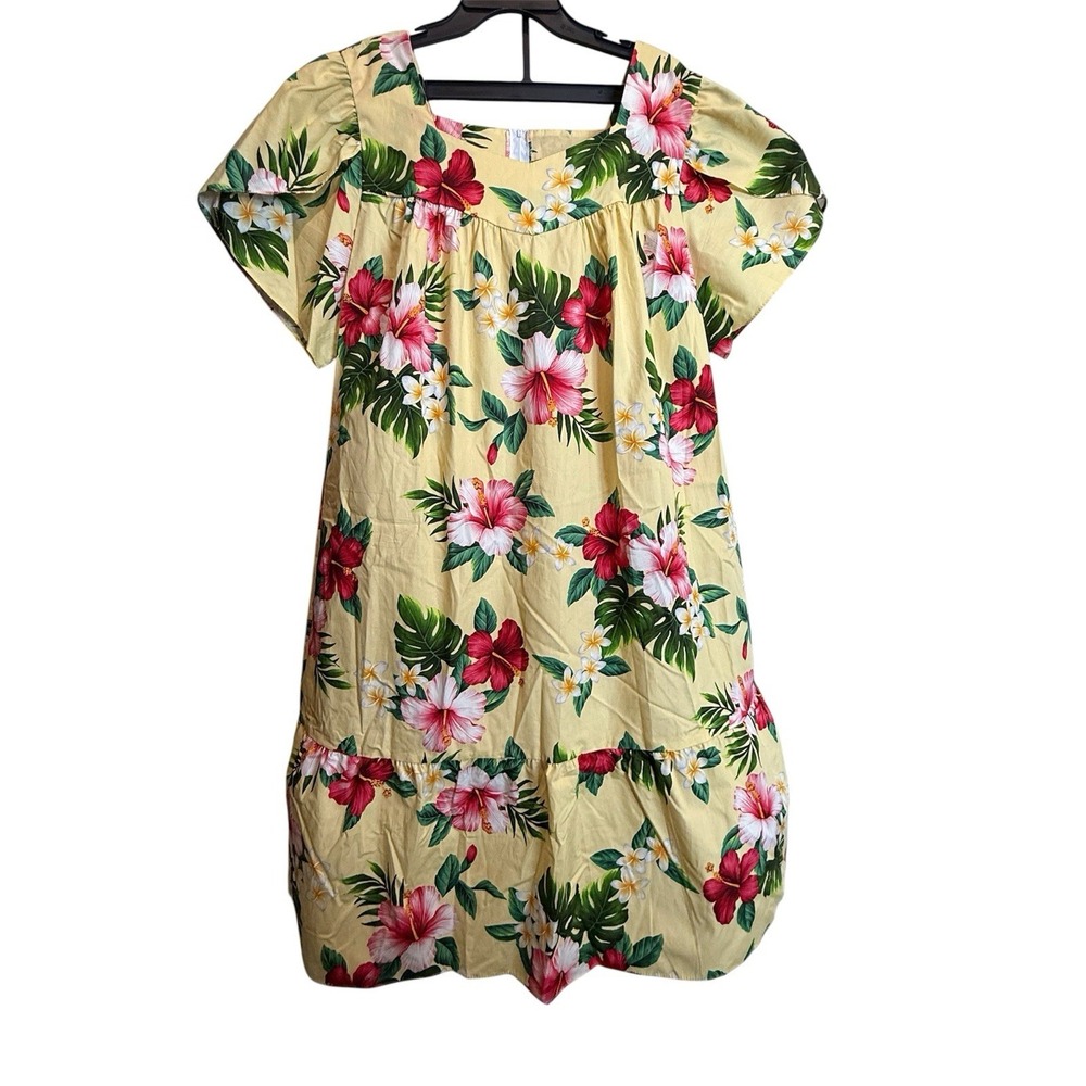 Hilo Hattie Womens 3XL Yellow Hawaiian Maxi Dress Tropical Ruffle Luau Vacation